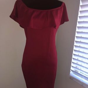 Fitted, ruffle off-shoulder dress, red